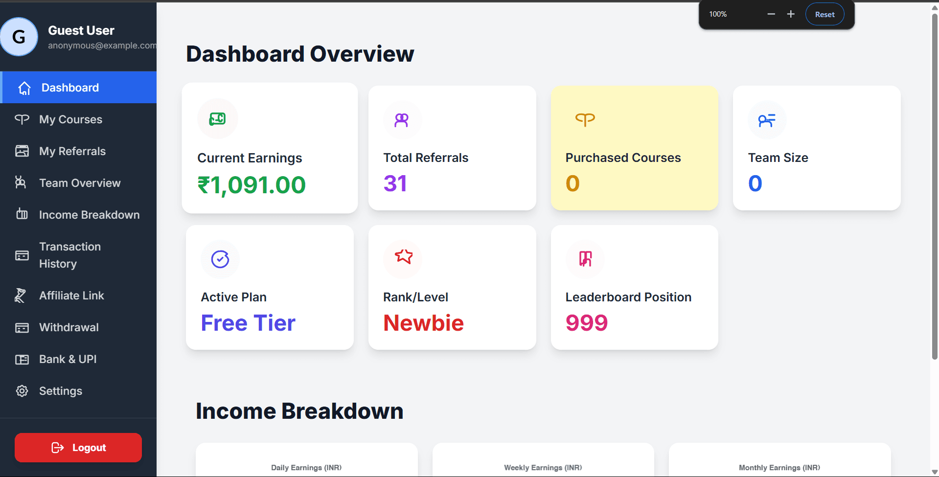Network Marketing Full-stack - Full-stack web application screenshot